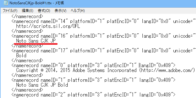 フォントの内部情報